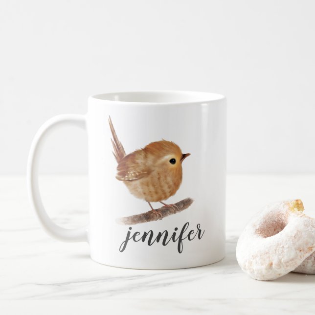 Taza De Café Mug de pájaro Wren Quirky Personalizado (Con donut)