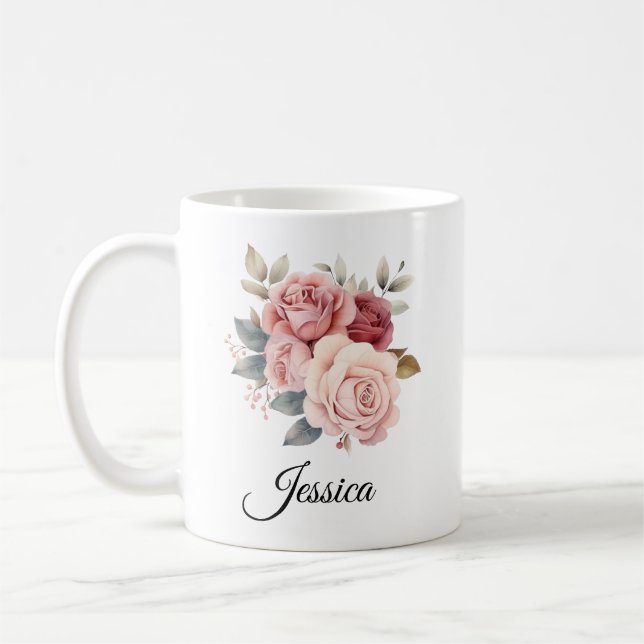 Taza De Café Mug de rosas rosadas personalizadas - Nombre perso (Izquierda)