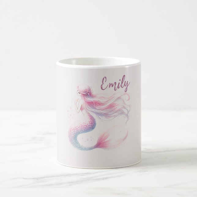 Taza De Café Mug de sirena rosa pastel personalizado - Nombre p (Centro)