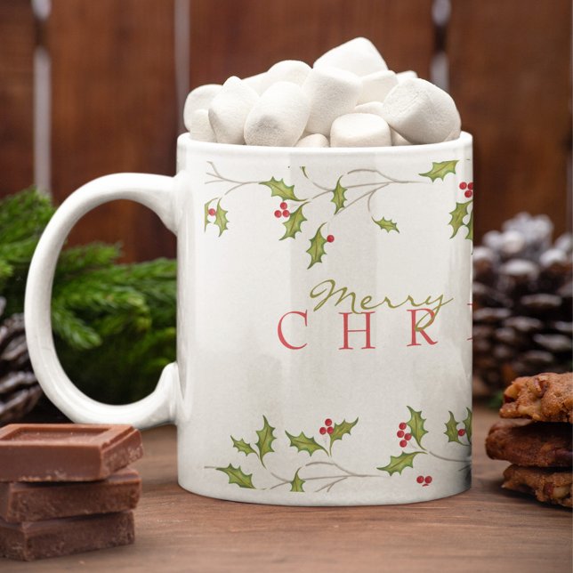 Taza De Café Mug editable de Holiday Holly (Merry Christmas Red Holly Coffee Mug)