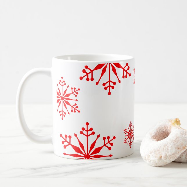 Taza De Café Mug festivo con copos de nieve rojos. (Con donut)