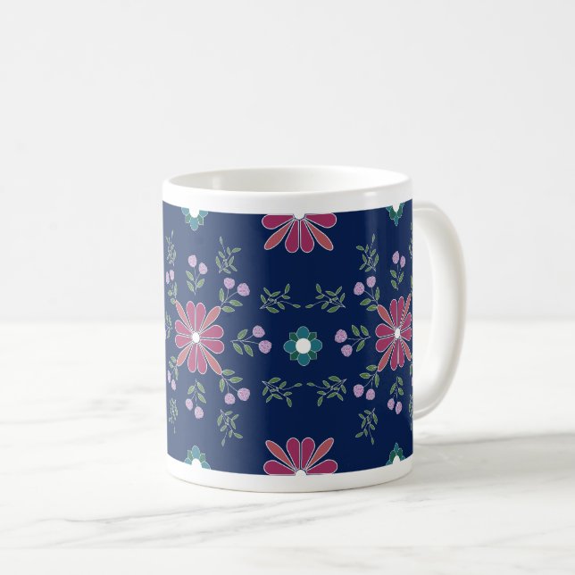 Taza De Café Mug floral de arte folclórico rosa y azul (Anverso derecho)