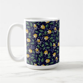 Taza De Café Mug floral en azul profundo y amarillo