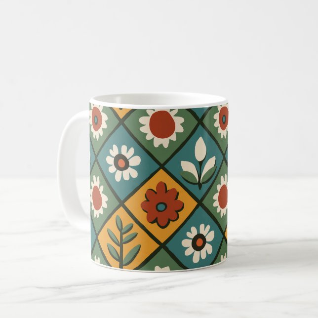 Taza De Café Mug Floral Geométrica Retro (Anverso izquierdo)