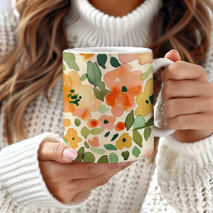 Taza De Café Mug Floral, Mug De Patrón Floral De Peach, Acuarel