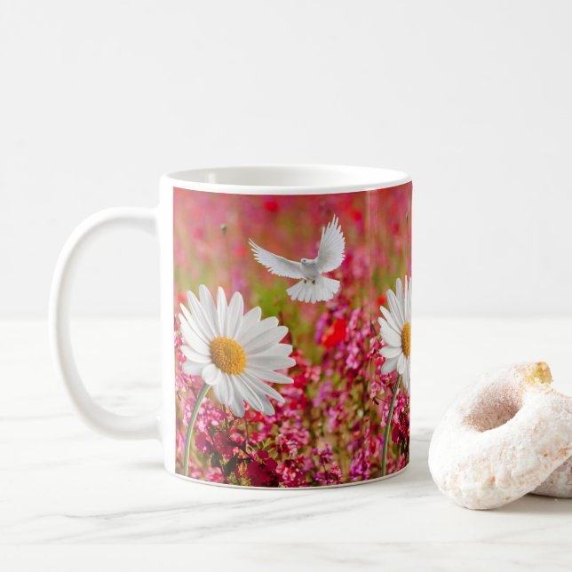 Taza De Café Mug Floral Rosa de margarita blanca (Con donut)