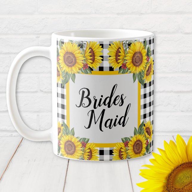 Taza De Café Mug Gingham & Sunflowers, dama de honor personaliz (Bridesmaid personalized Sunflowers and Gingham Bridal Shower Gift Mug)