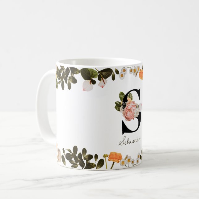 Taza De Café Mug Inicial Del Monograma Floral (Anverso izquierdo)