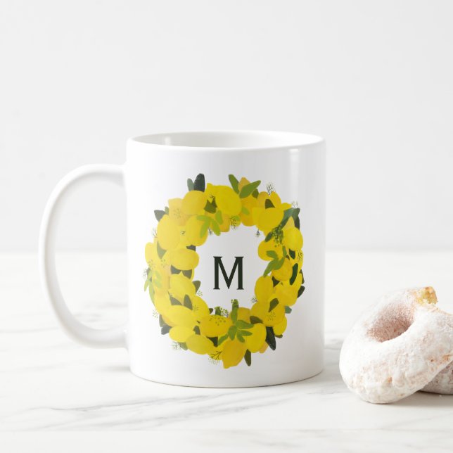 Taza De Café Mug Monograma de limón pintado a mano (Con donut)