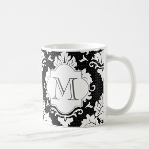 Taza De Café Mug Monogramada de Damask en blanco y negro