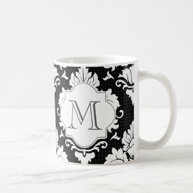 Taza De Café Mug Monogramada de Damask en blanco y negro (Derecha)