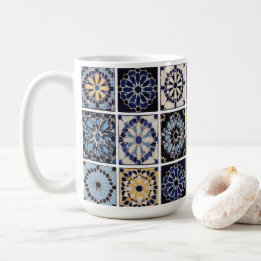 Taza De Café Mug - Moroccan Zellige Mosaic Navy Mustard Tile