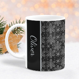 Taza De Café Mug: Navidades de copos de nieve negros y plateado
