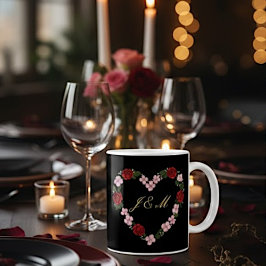 Taza De Café Mug noir couronne de fleurs roses et rouges
