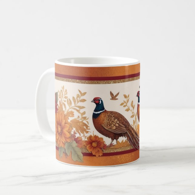 Taza De Café Mug otoñal con faisanes y flores (Anverso izquierdo)