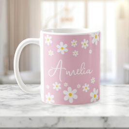 Taza De Café Mug personalizada Floral White Daisy Pink