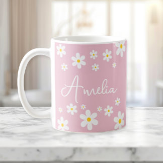 Taza De Café Mug personalizada Floral White Daisy Pink