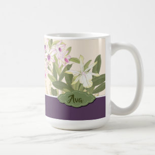 Taza De Café Mug personalizada morada y orquídea blanca
