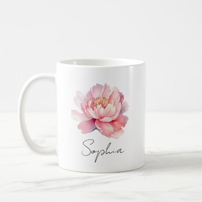 Taza De Café Mug personnalisé Pivoine Aquarelle Rose  (Izquierda)
