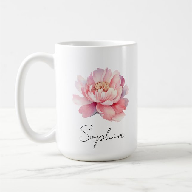 Taza De Café Mug personnalisé Pivoine Aquarelle Rose  (Izquierda)