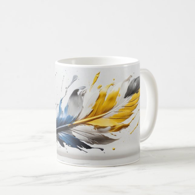 Taza De Café Mug - Pluma - Azul, amarillo y blanco (Anverso derecho)