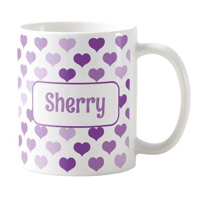 Taza De Café Mug. Purple Hearts Personalizado (Personalized Purple Hearts Mug at Amy's Coffee Mugs on Zazzle. )