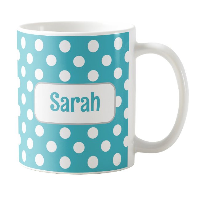 Taza De Café Mug turquesa de polka dot personalizado (Personalized Turquoise Polka Dot Mug at Amy's Coffee Mugs on Zazzle.)