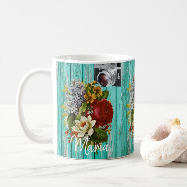 Taza De Café Mug verde floral fotográfica (Con donut)