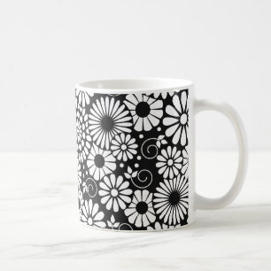 Taza De Café Mugre de flores blancas negras retro
