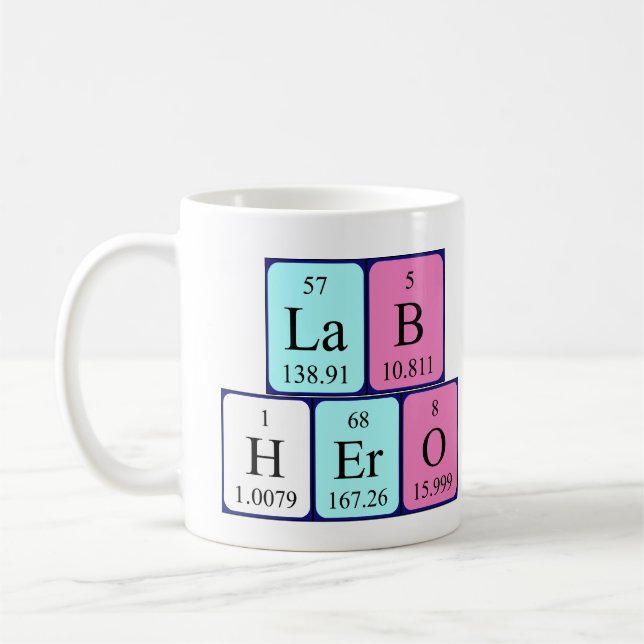 Taza De Café Mugre de nombre de tabla periódica de Lab Hero (Izquierda)
