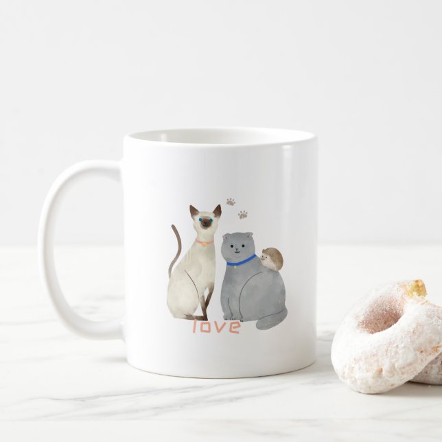 Taza De Café Mugre dulce con gatos y un edgehog: Amor (Con donut)