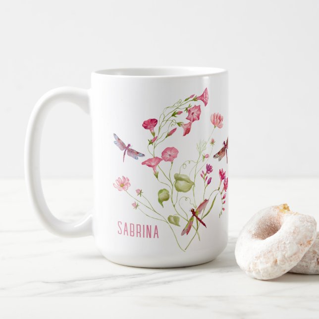 Taza De Café Mugre floral rosa personalizada (Con donut)