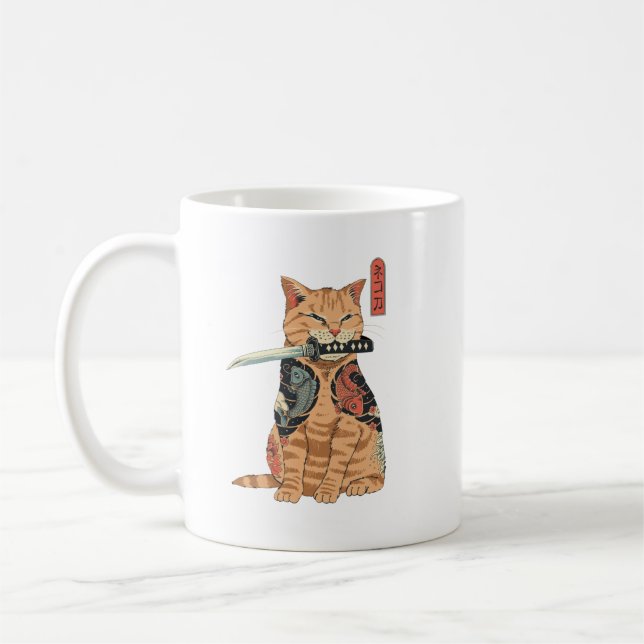Taza De Café Mugre gato de Samurai Japonés (Izquierda)