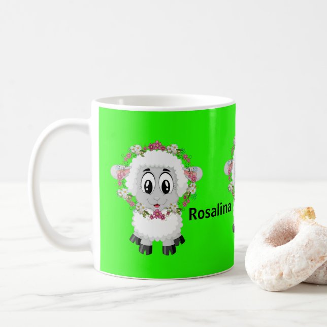 Taza De Café Mugre verde con flores de oveja (Con donut)