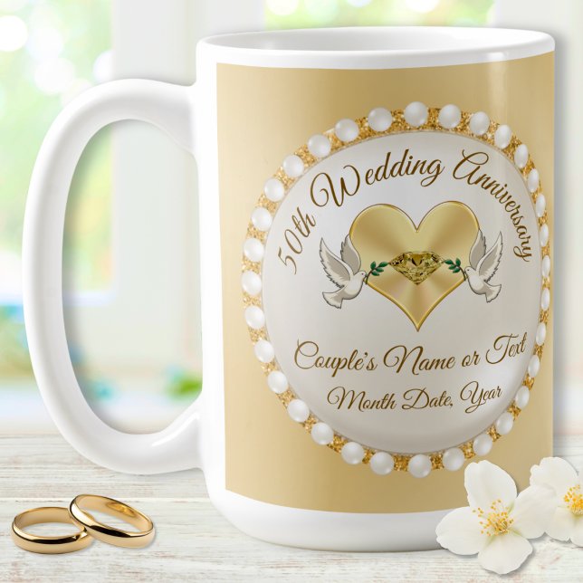 Taza De Café Mugs personalizados, 50 años de Boda (Golden anniversary presents. What is the symbol for 50th wedding anniversary. Diamonds and Pearls.)