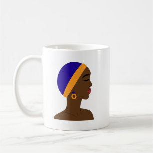 Taza De Café Mujer africana de perfil con gorro azul y amarillo