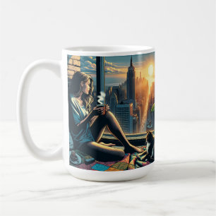 Taza De Café Mujer bebiendo café al amanecer en la ciudad