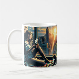 Taza De Café Mujer bebiendo café al amanecer en la ciudad