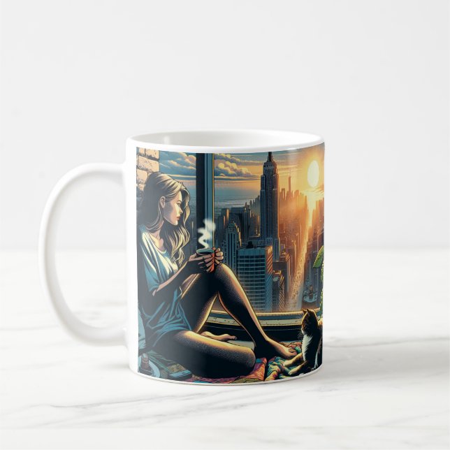Taza De Café Mujer bebiendo café al amanecer en la ciudad (Izquierda)