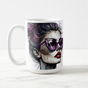 Taza De Café Mujer bonita con gafas de sol y lápiz labial morad