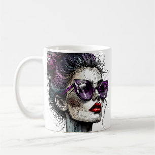 Taza De Café Mujer bonito con gafas de sol y pintalabios morado