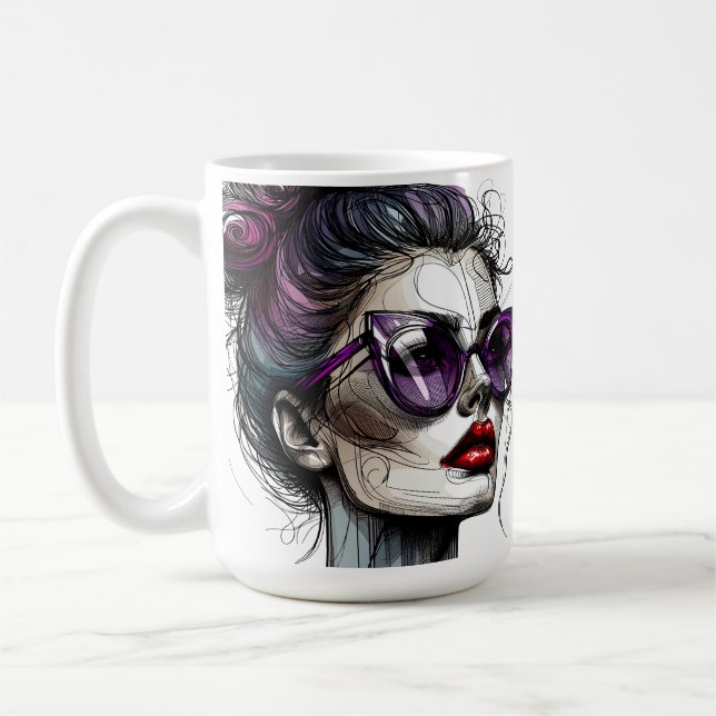 Taza De Café Mujer bonito con gafas de sol y pintalabios morado (Izquierda)