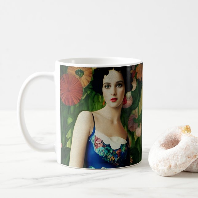 Taza De Café Mujer de estilo Art Déco elegante con grandes flor (Con donut)