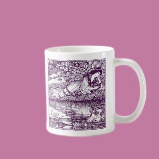 Taza De Café Mujer del Art Nouveau leyendo junto al estanque de