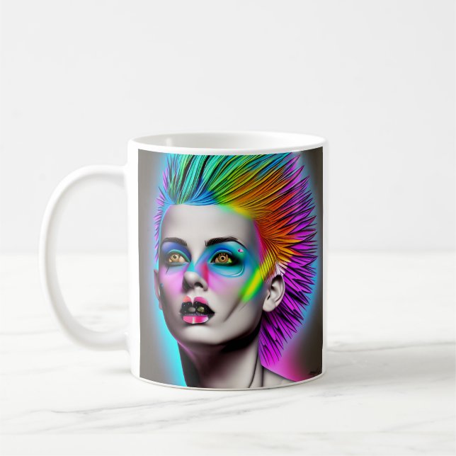 Taza De Café Mujer distópica con mohawk de arcoíris abstracto m (Izquierda)