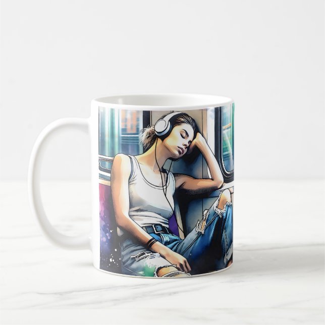Taza De Café Mujer durmiendo en el metro escuchando música (Izquierda)