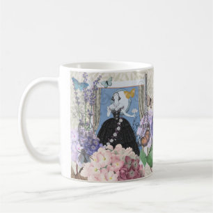 Taza De Café Mujer elegante azul vestido floral de fantasía