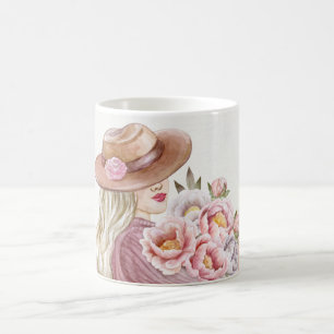 Taza De Café Mujer elegante con estampado de acuarela de peonía