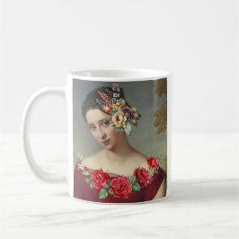 Taza De Café Mujer en rojo con flores y cita.