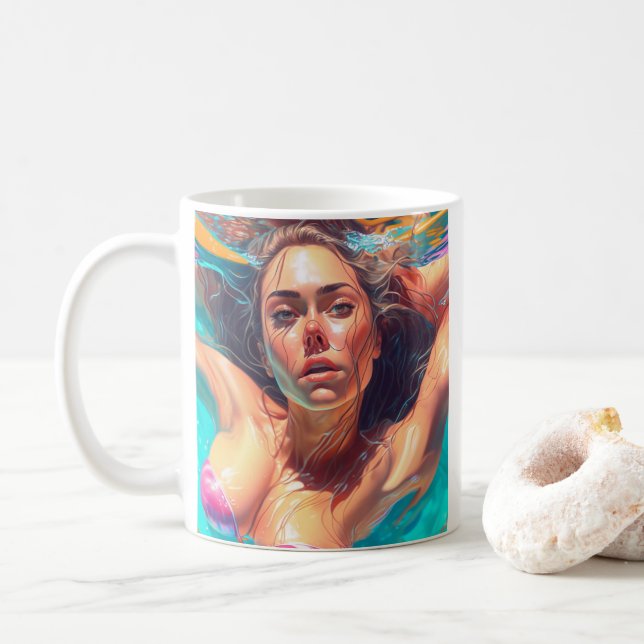 Taza De Café Mujer hermosa bajo el agua, arte de IA (Con donut)